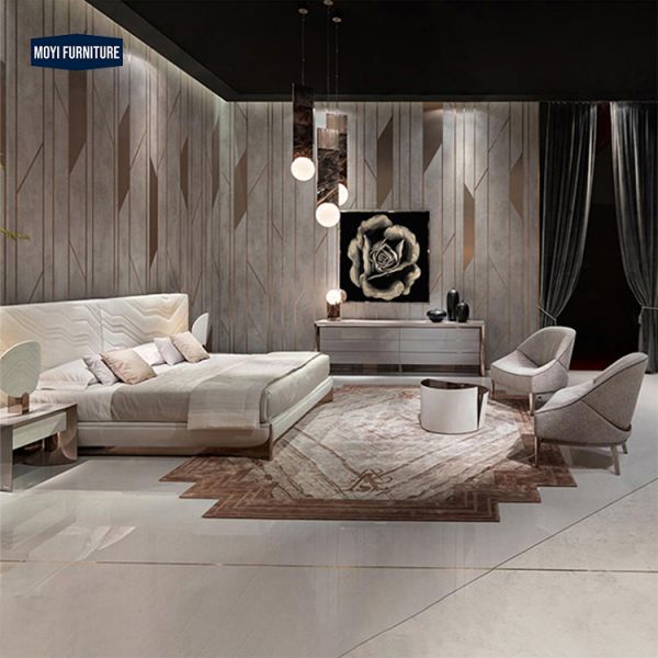 Customized Size Leather Upholstered Frame Bed Headboard Modern Double Back Design Luxury Style King Size Bed Furniture Set