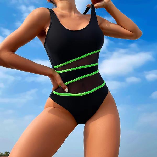 Stitching Black Sexy Bikini Gauze High Waist One Piece Bikini Women'S Swimsuit