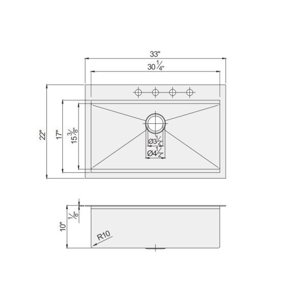 33'' Hand Made Single Basin Sink 16 Gauge SUS304 Stainless Steel Material
