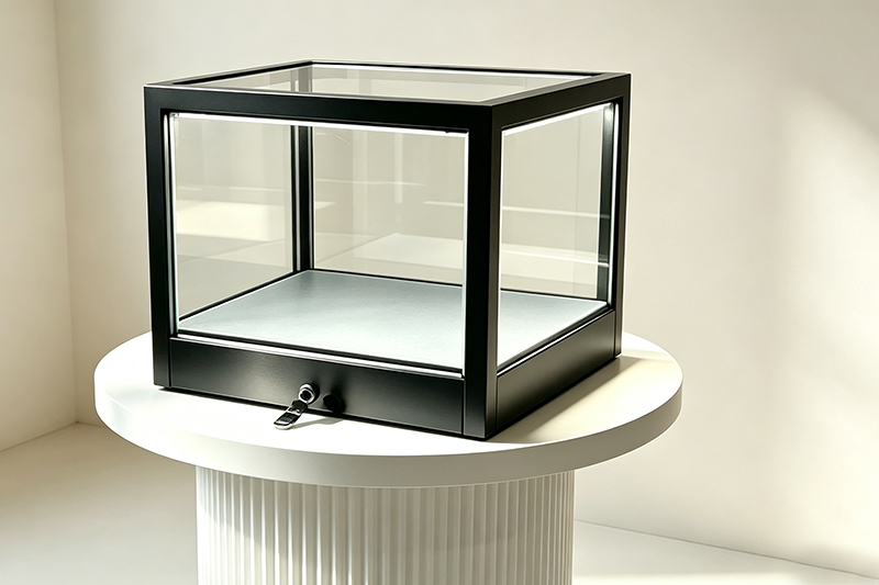 Modern Lockable Glass Box Jewelry Display Stand with LED Illumination and Fluted Cylindrical Pedestal