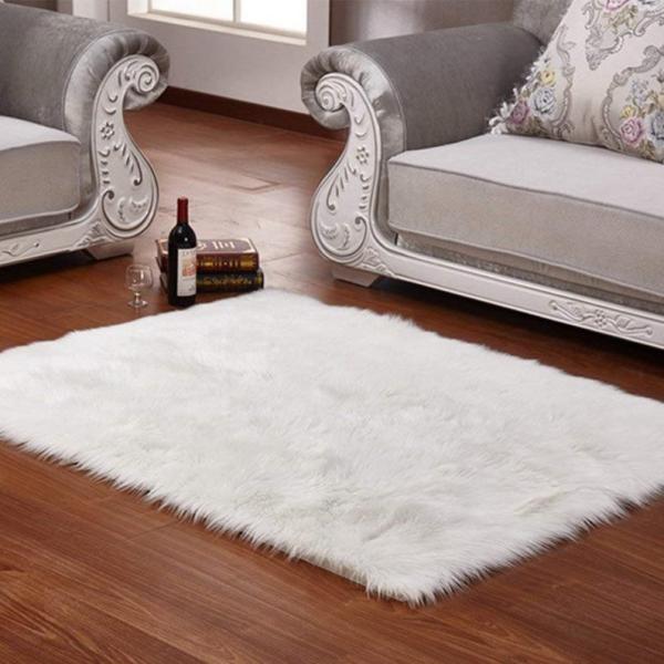 Grey White Plush Faux Fur Rug Shag Area Rug Nursery Room Carpet Christ