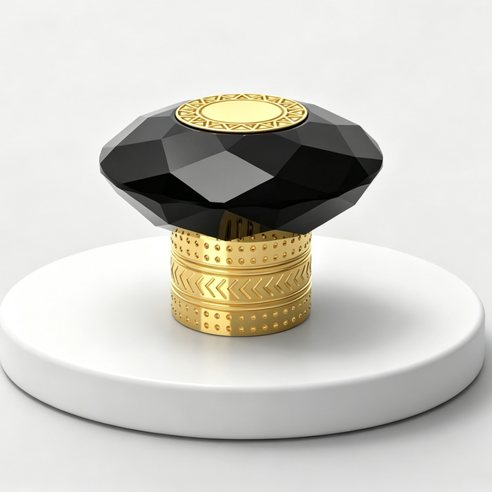 Luxury Black Faceted Crystal Zamac Perfume Bottle Cap Gold Plated Custom Logo Metal Perfume Lid FEA 15