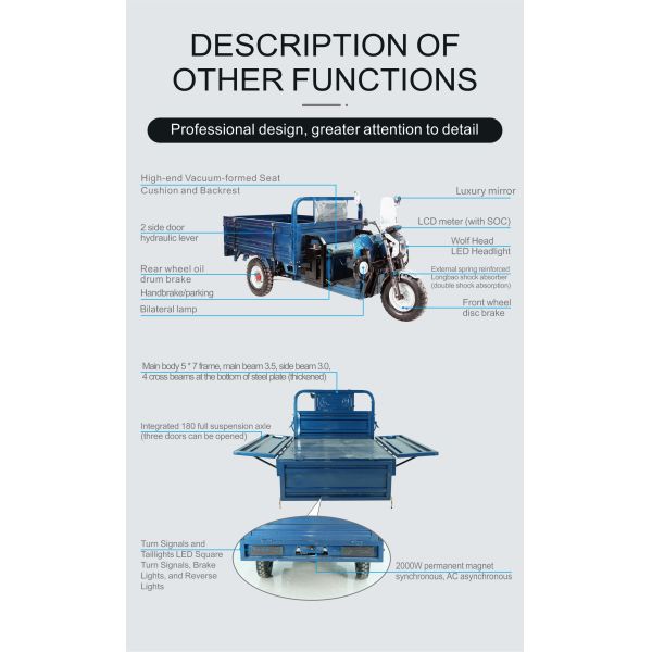 Three Wheeler Battery Electric Cargo E Rickshaw Tricycle 2000W Fast Charging