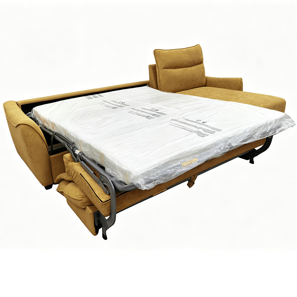 L-Shaped Sectional Sleeper Sofa with Pull-Out Bed and Storage, Mustard Yellow Fabric