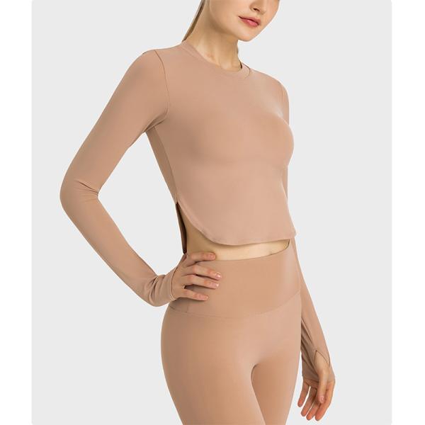 Sexy Split Ladies Yoga Tops Workout Women Long Sleeve Shirts With Removable Pad