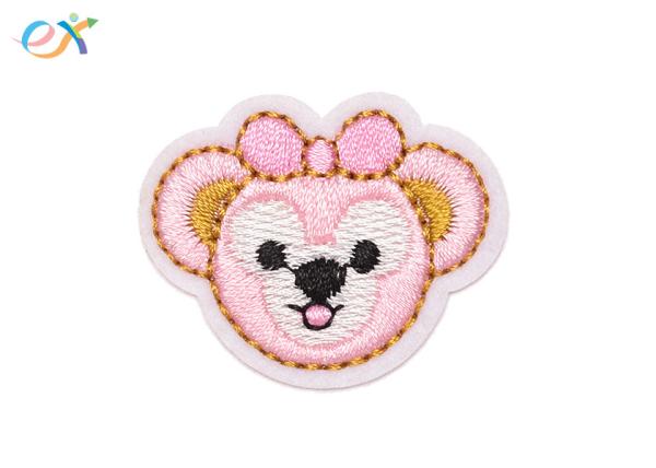 Custom Pink Cute Cartoon Embroidered Fabric Patches Iron On Backing With Laser Cut