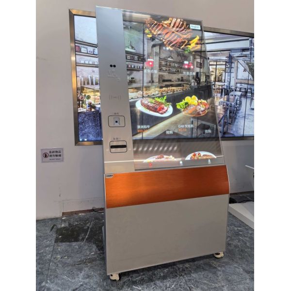 A 55-inch Transparent OLED Interactive Kiosk with 45% light transmittance and integrated touch functionality, supporting card swiping, queuing, and printing.