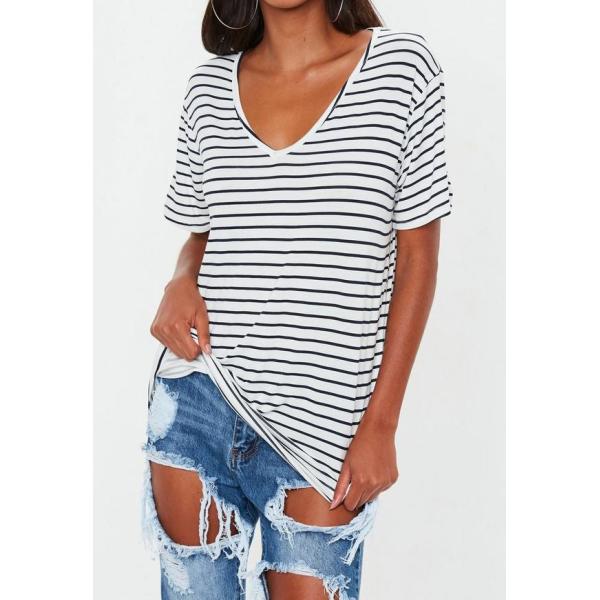 White and Navy Striped V Neck Boyfriend Clothing T Shirt Women