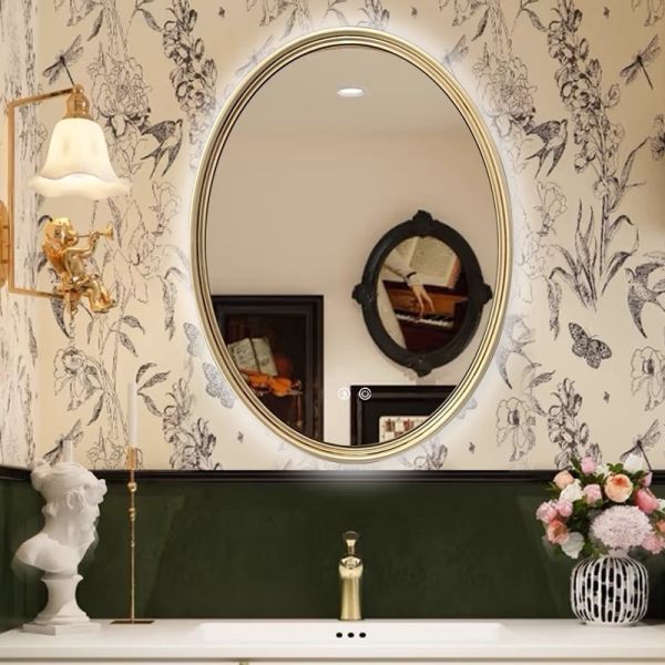 French Vintage Carved Frame Smart Bathroom Mirror Energy-Saving LED Light Oval Contour Anti-Fog Modern Salon Apartment Villa