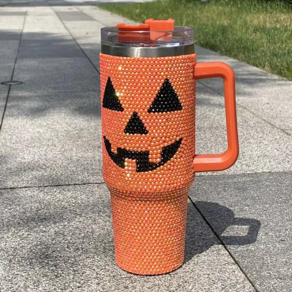 Design Halloween 40oz Rhinestone Tumbler with Pumpkin Pattern and Stainless Steel