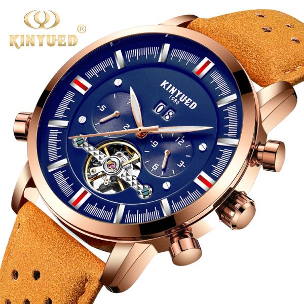 KINYUED J019-6 Tourbillon automatic mechanical  genuine leather business waterproof men watches