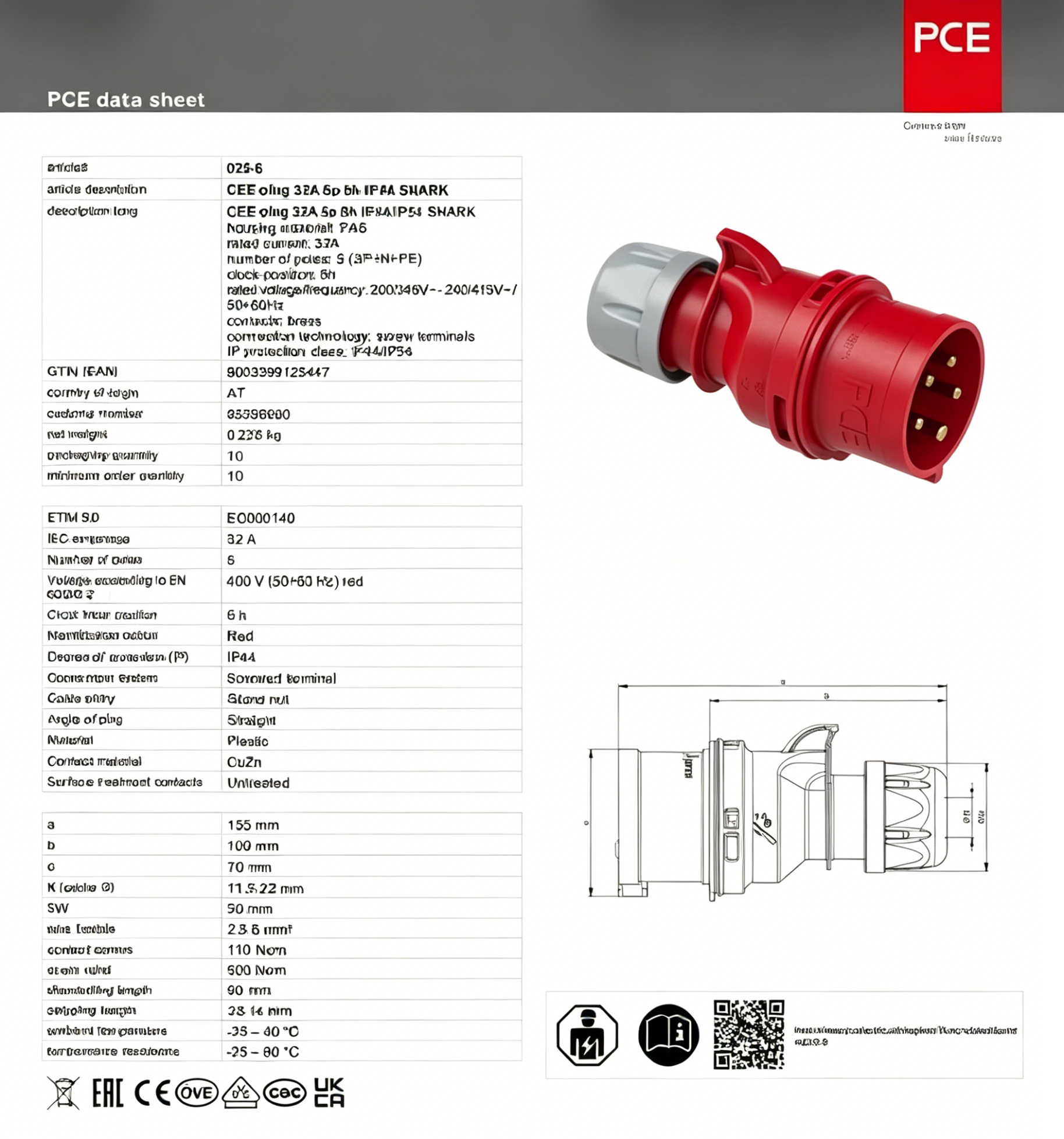 Original Brand New Original Austrian Imported PCE Industrial Connector Plug and Socket 380V-32A-5 Pin-IP44-Typ225