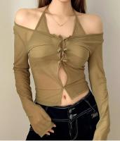 Long T-shirt de douille de petit en lots d'habillement de fabricants de perspective décolleté en V de Mesh Bow