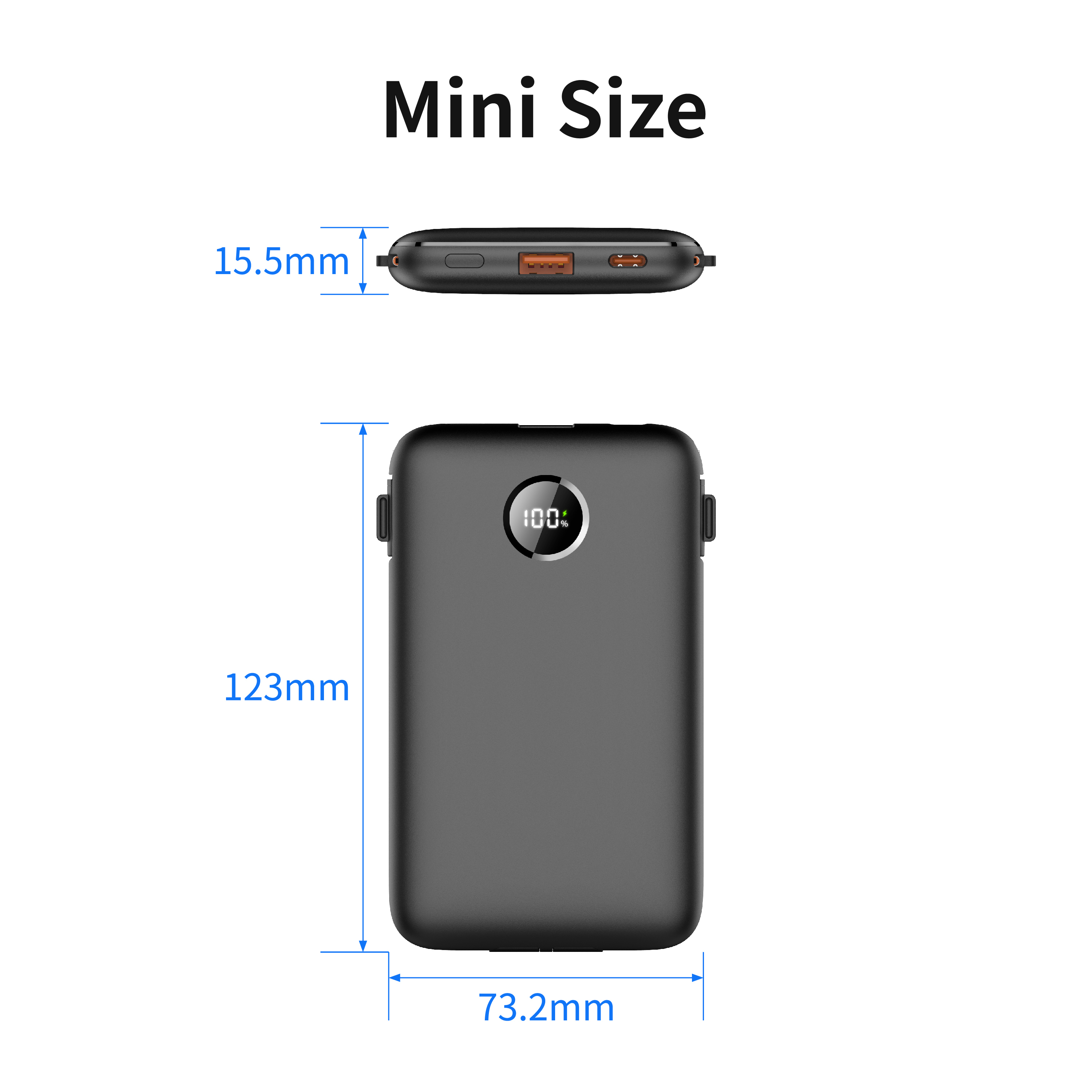 10000mAh Slim Portable Power Bank, Powerbank with 2 Built‑in Type‑C Cables PD 20W Fast Charging, USB‑A & USB‑C Port, Digital LCD Display Portable External Battery Pack