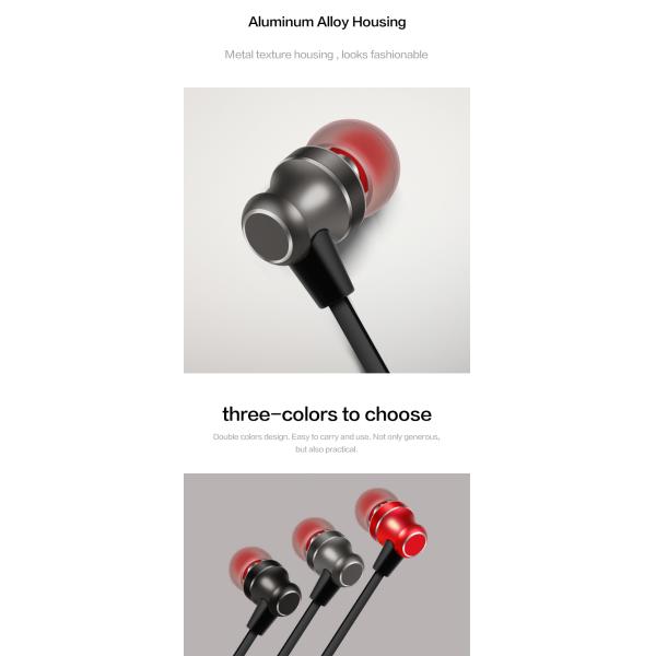 IPX2 3.5mm Wired Earphone With Microphone Metal Earbuds TPE Flat Cable