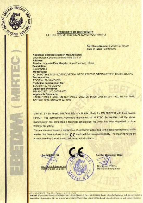 Jinan Avitt International Trade Co., Ltd-HYCM Tower Crane Сертификации