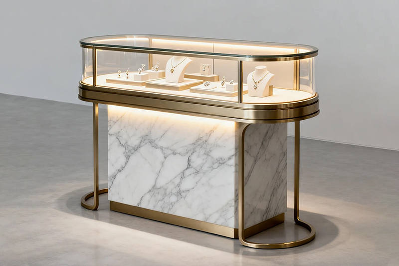 Oval Curved Glass Jewelry Showcase Table with Brushed Gold Frame and Lockable Storage