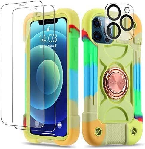 iPhone 12 Pro Max Case 6.7 - Heavy-Duty Shockproof, Ring Stand, Glass Screen & Camera Lens Protector (Rainbow Pink)
