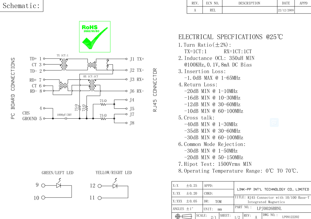 J0026D01BNL защищало pcb устанавливая маршрутизатор 3g/4g rj45 через LPJ0026BBNL
