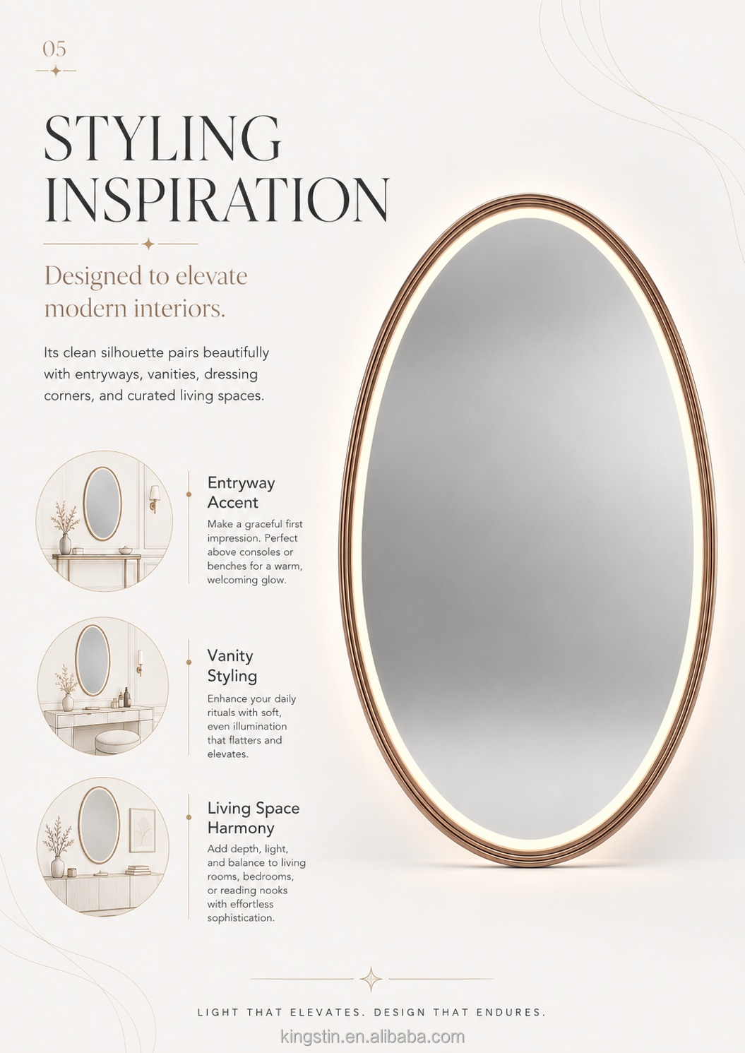 Kingstin LED Smart Bathroom Mirror Water Drop Oval Makeup Mirror Aluminum Frame Touch Anti-Fog Wall Mirror
