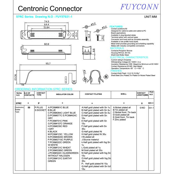 Разъема входа стороны припоя 50 Pin тип мыжского Centronic трудный с крышкой Matel