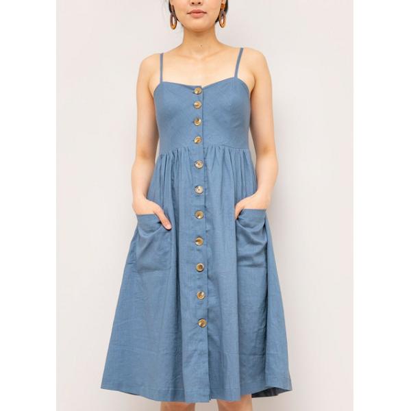Summer chambray midi linen dress with a fit & flare silhouette and a button up front