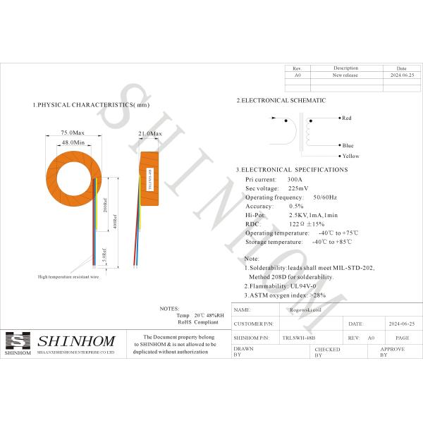 Трансформатор тока Роговского, 225 мВ Выходные катушки Роговского