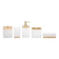 Conjunto de baño de vidrio de lujo de forma cuadrada de color blanco lechoso con nervadura vertical de banda de vidrio dispensador de jabón