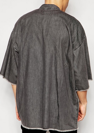 Wholesale oem open split front oversized 100%cotton black frayed hem denim kimono designer jackets
