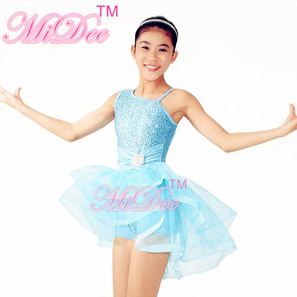 Girls Ballet Costume Front Shorter Back Longer Tulle Skirt Outfit With Rhinestones Trim