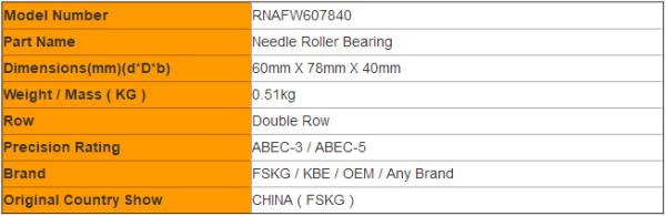 Double Row RNAFW607840 Needle Roller Bearing CNC Machine Joint Bearing 60mm X 78mm X 40mm