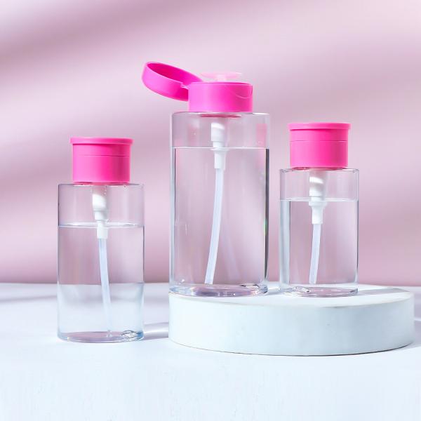 Botella abatible transparente y personalizable para desmaquillante