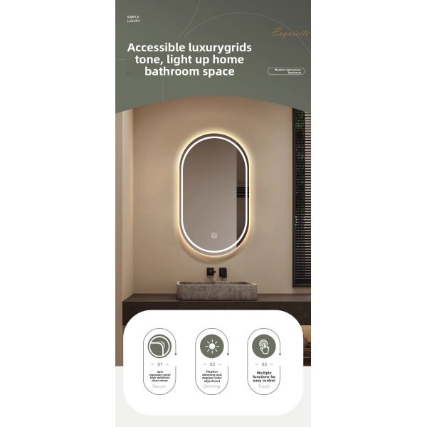 Modern Anti-Fog Oval LED Illuminated Bathroom Vanity Mirror Simple Smart Rectangle Touch Control for Hotel Apartments Villas