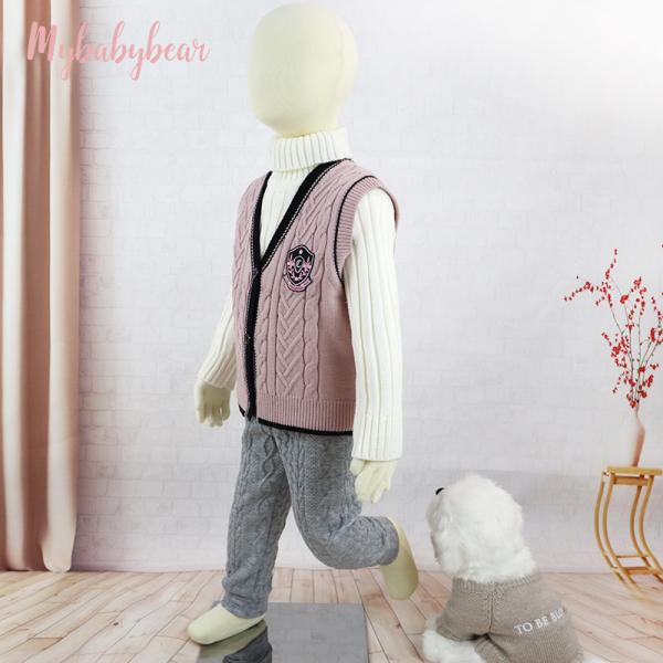 OEM Customized Kids Autumn Winter Children Patch Buttons V-neck Knitted Cardigan Sweater Boys Girls Vest
