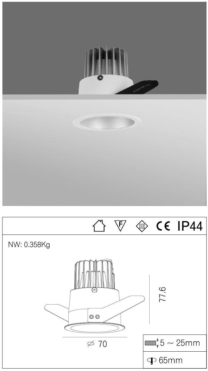 Compact High Efficiency 7W COB LED Recessed Spotlights Dia.70*H77.6mm , IP44