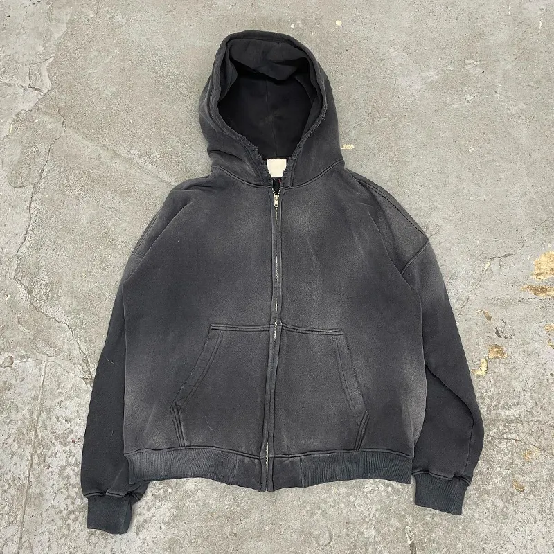 Gym Brown Acid Wash Fleece Zip Hoodie Streetwear Cotton Hoodie Blank Zip Up Vintage Acid Wash Sun Faded Distressed