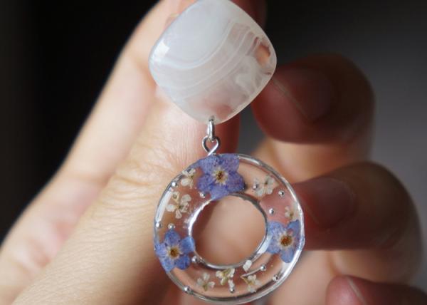 Forget-Me-Not Handcrafted Blue White Cube Single Stone And Germany Resin Ring Earrings For Christmas