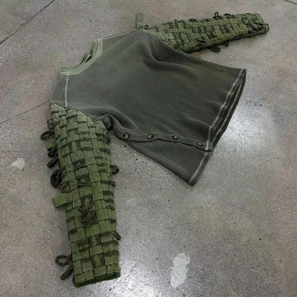 Streetwear Boxy Long Sleeve Tee Embroidery Waffle Knit Vintage Full Sleeve T Shirt