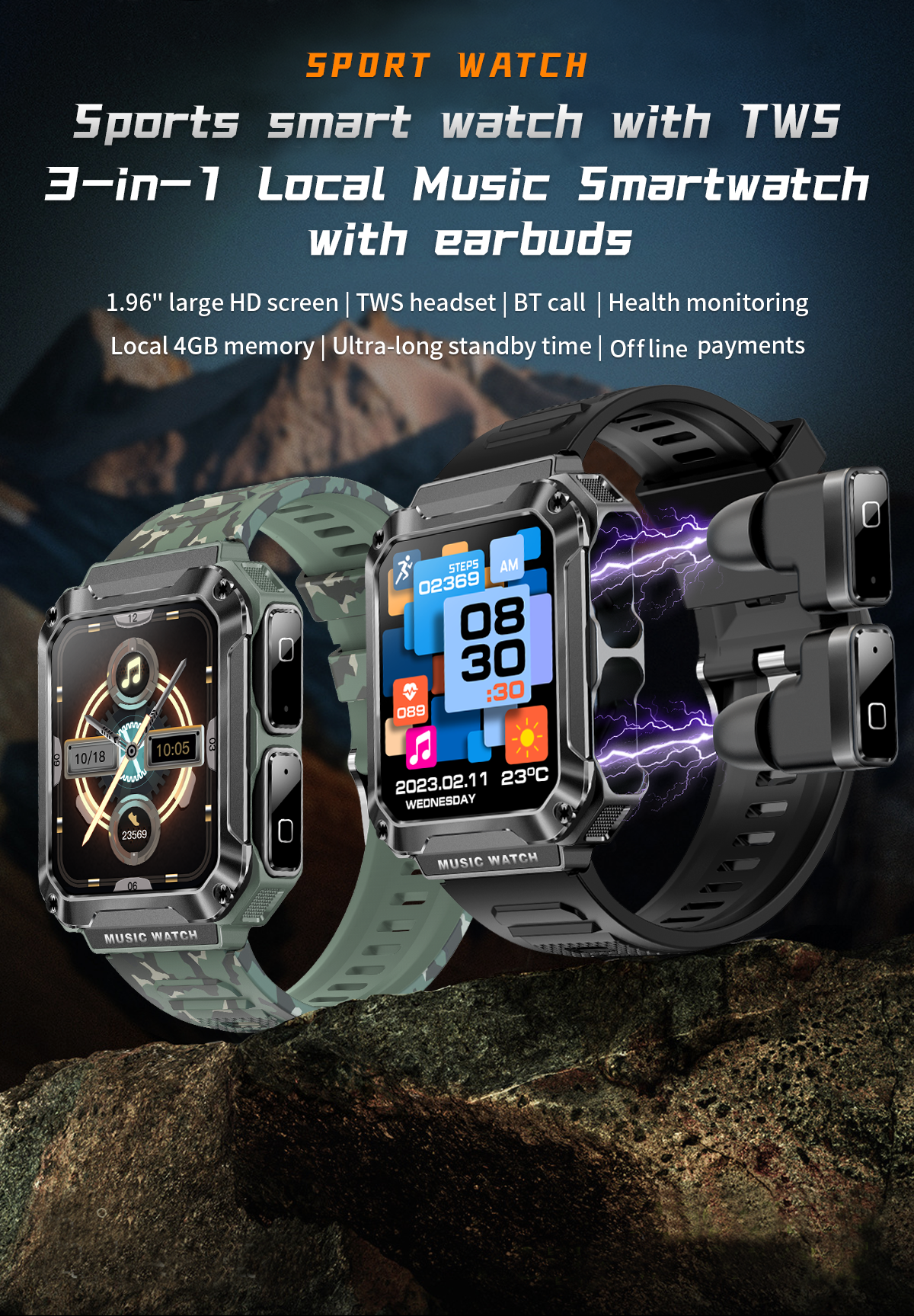 Newly Sport TWS Smartwatch 3in1 Music Player 4GB Memory 400Mah Call Men Watch With Headphones T93 Smart Earphones