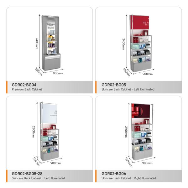 Skincare Shop Shelf Grey Transparent High Cabinet With Double-Sided Light Box Containing Iron For Visual Merchandising Store Interior Design And Multi-Functional Shop Shelf