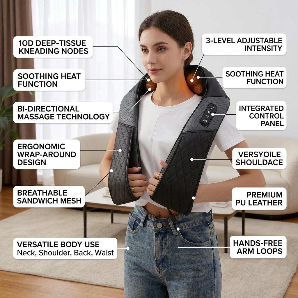 ZN-SY18 Electric Neck and Shoulder Massager with 10D Deep Tissue Kneading Nodes and Heating for Back and Waist Muscle Pain Relief