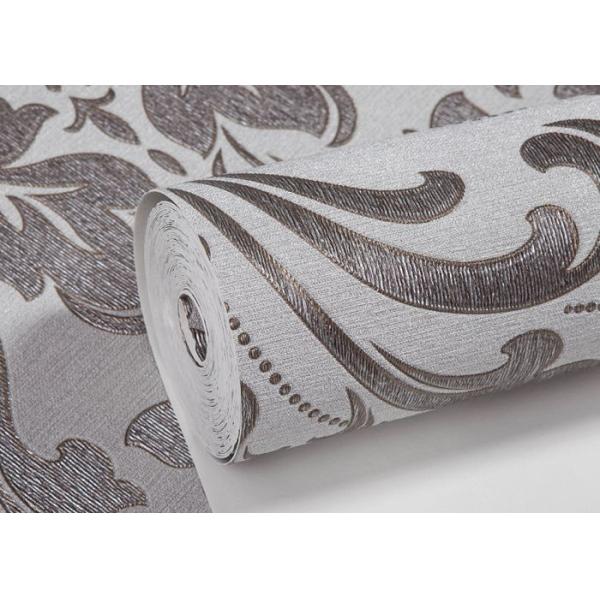 Grey Vinyl Embossed Victorian Damask Wallpaper Removable , Tear - resistant