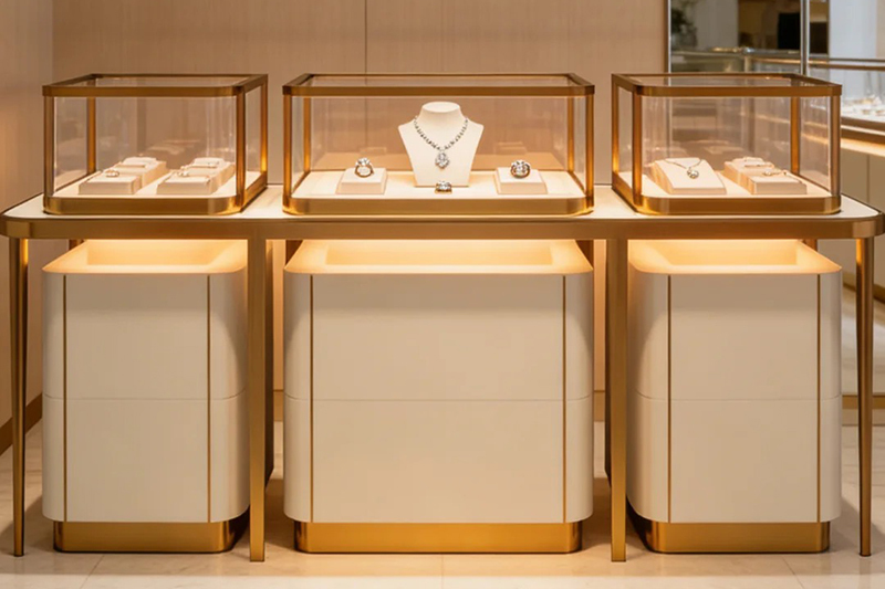 Modular Design Jewelry Showcase Set with Brushed Gold Frame and Lockable Storage Drawers