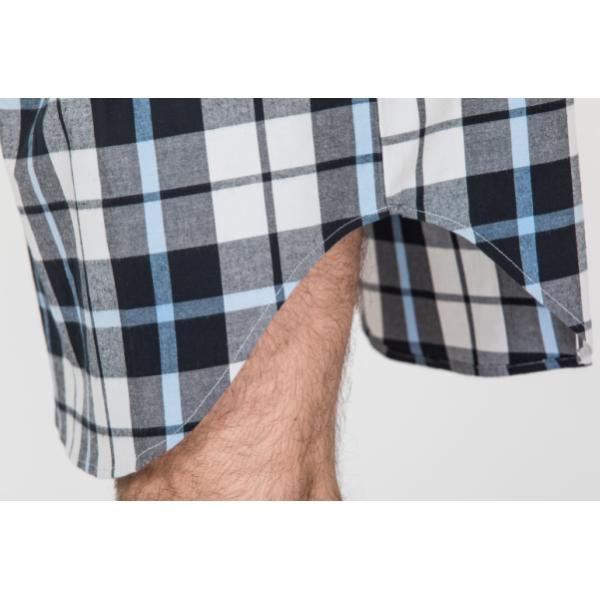 Mens Woven Cotton Brushed Twill Yarn Dyed Long Sleeve Nightshirt Button Placket Embroidery Curved Hem