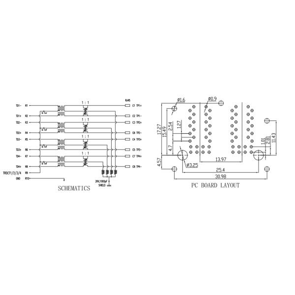 W / PEG Ethernet Magnetic RJ45 Jack 2 * 2 Port Nickel Shield Plating Material With Leds