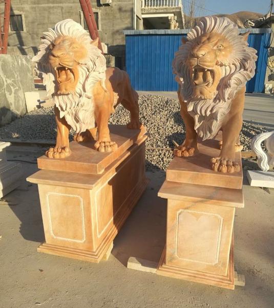 Garden decoration Stone walking lions pink marble animal sculpture,stone carving supplier