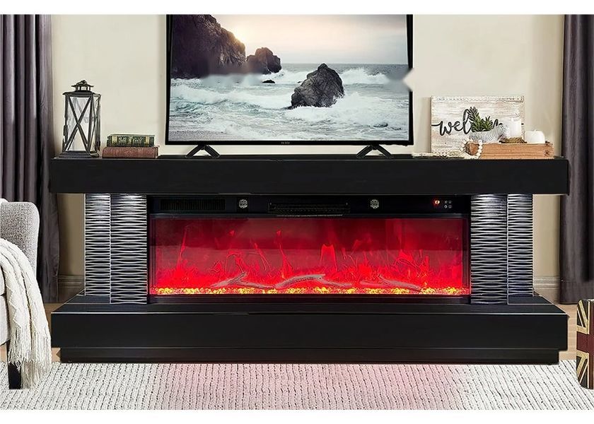 Smoke Grey Mirrored Glass Electric Fireplace TV Stand with Large 3D LED Flame Display and Extended Mantle Structure
