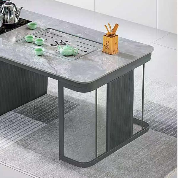 Moderno Minimalista Temperado de vidrio de acero inoxidable Fuego de piedra Mesa de café de oficina totalmente automática