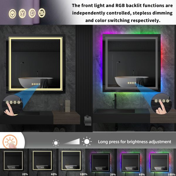 Modern Luxury Rectangular Anti-Fog LED Backlit Frameless Bathroom Mirror IP44 Rated RGB Color Changing Touch Screen Feature