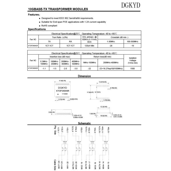 KTGP2404SR 1000BASE-TX интегрировало фильтр POE 24PIN SMD локальных сетей гигабита трансформатора локальных сетей